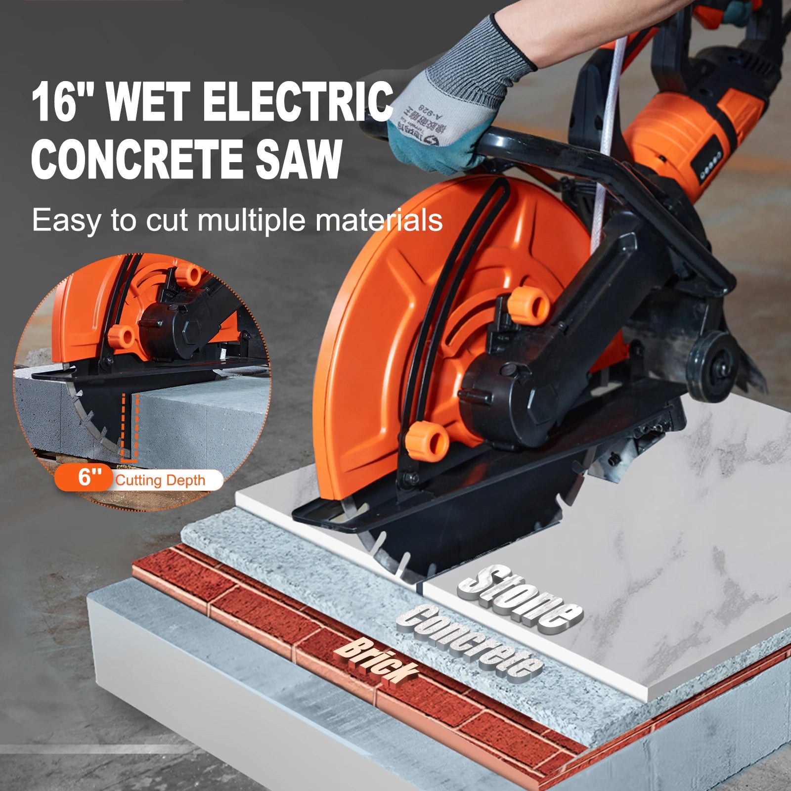 SucceBuy Serra Circular Elétrica para Concreto de 16 pol. com motor de 3200 W e corte giratório com profundidade de corte ajustável até 6 pol.; bomba de lâmina para tijolo