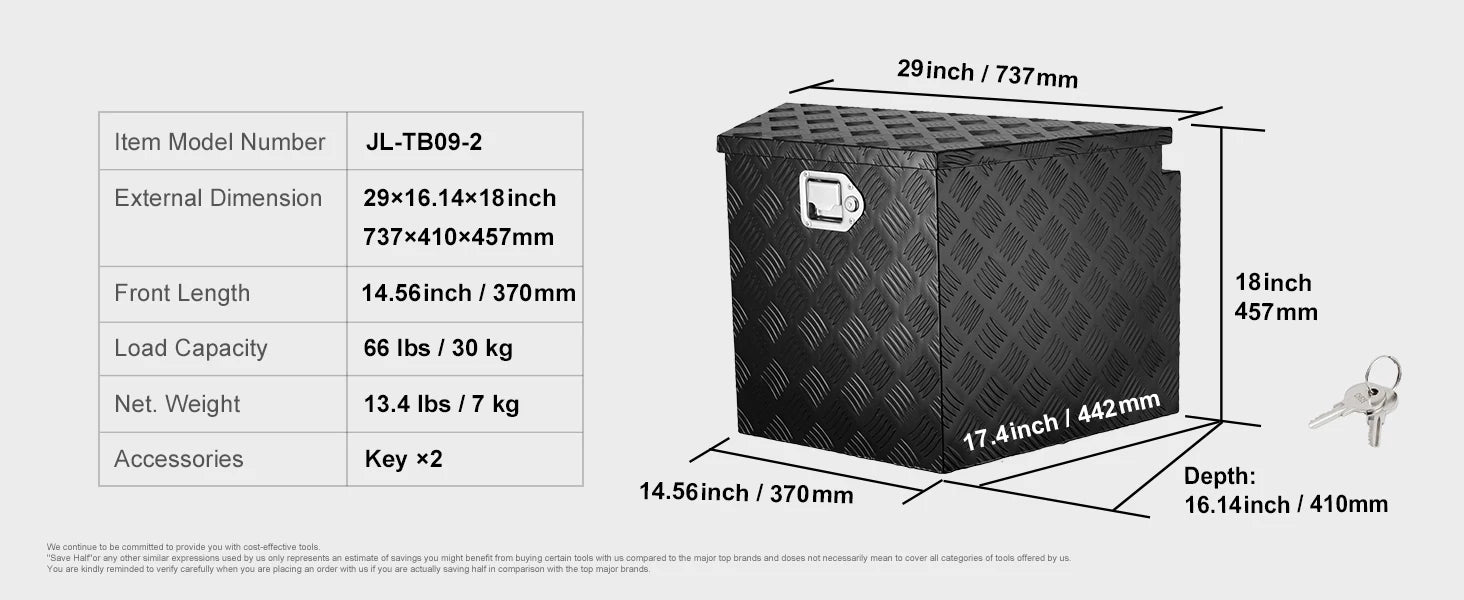 Coffre de rangement robuste en aluminium pour timon de remorque 33"