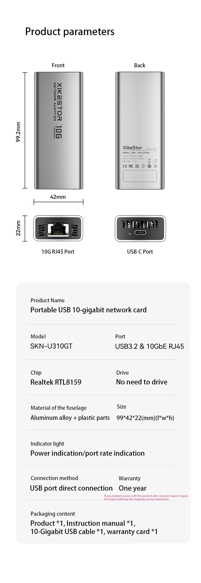 USB-C till 10Gb Ethernet-adapter Thunderbolt-kompatibel RJ45