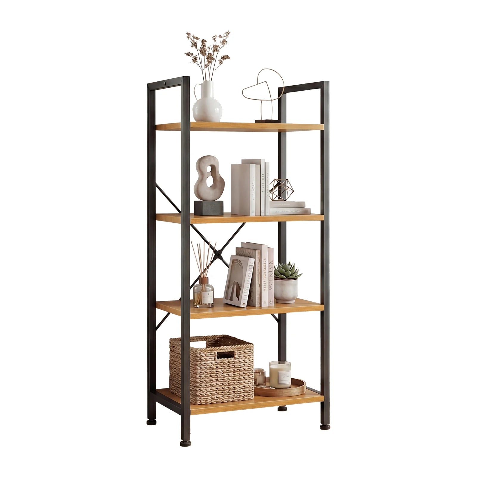 4 Tier Wooden Display Bookshelf with Metal Frame Storage Shelf