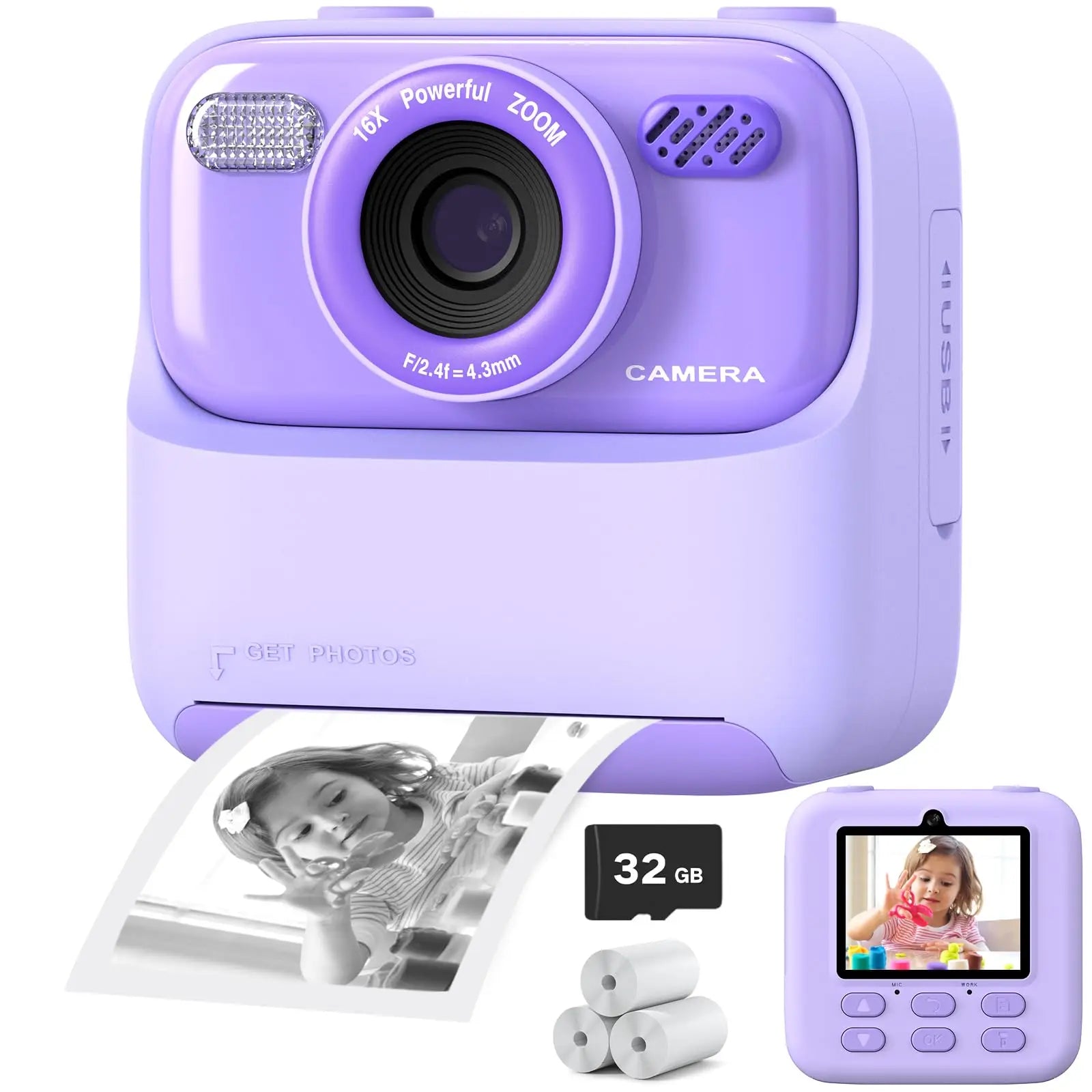 AMORUS Kids Camera Instant 1080P HD Dual Lens Selfie Digital Camera for Girls Boys Christmas Birthday Gifts Toys With 32G Print 
