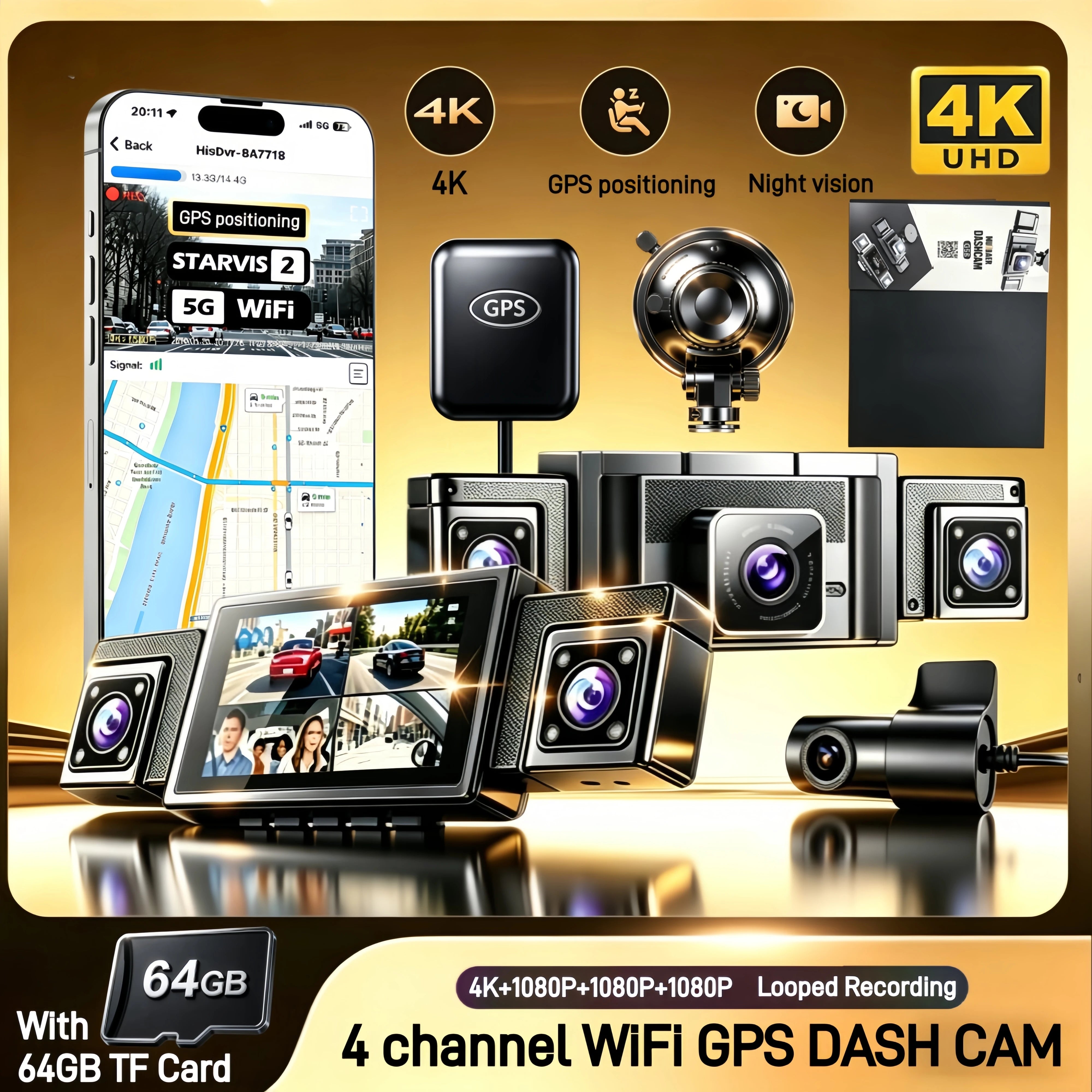 4-Channel 360° Dash Cam with WiFi, GPS and Rear Camera