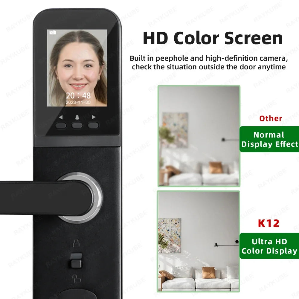 K12 Tuya WiFi kamera Elektronska ključavnica 3D prepoznavanje obraza Pametna ključavnica vrat s prstnim odtisom z baterijo za ponovno polnjenje zaslona