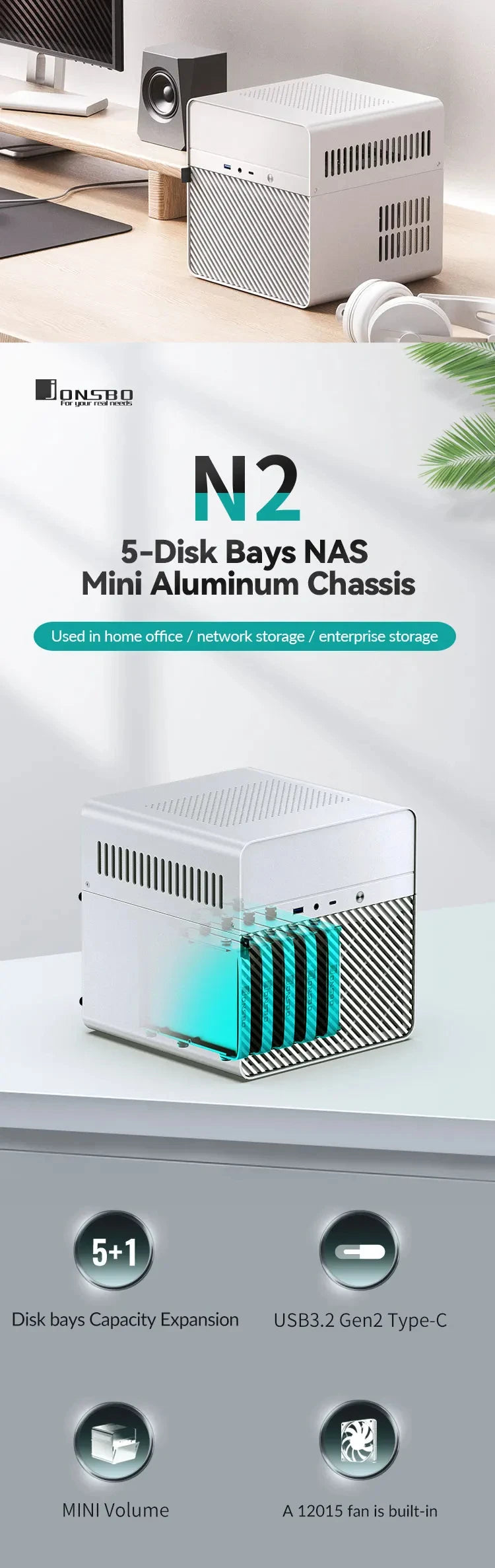 JONSBO N2 NAS Custodia Mini ITX in Alluminio per Home Office Intrattenimento Gioco Computer Server Host ITX Supporta 5 Hard Disk Alimentatore SFX