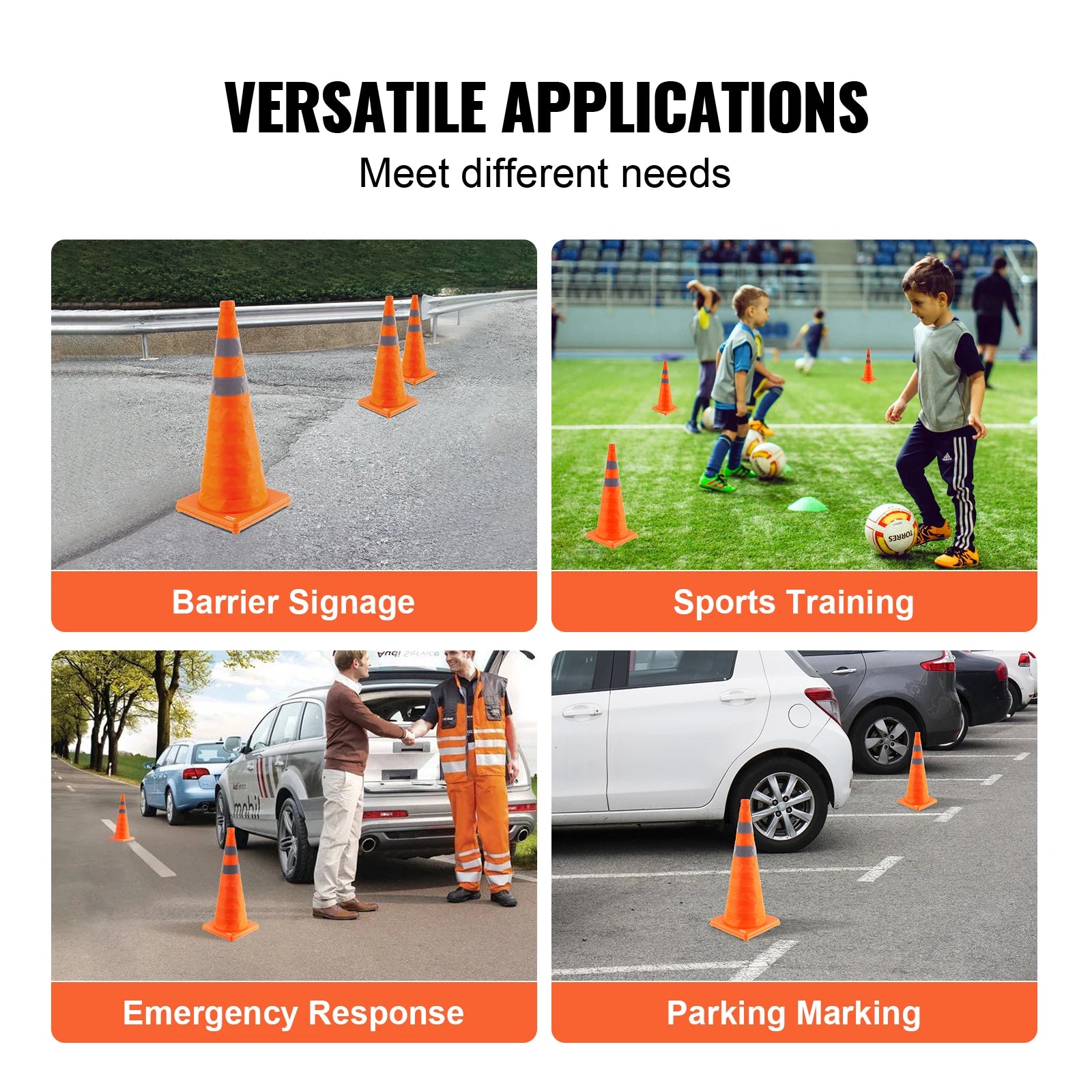 4 Pack 28 Inch Collapsible Safety Cones with Reflective Collars, Wide Base and Storage Bag