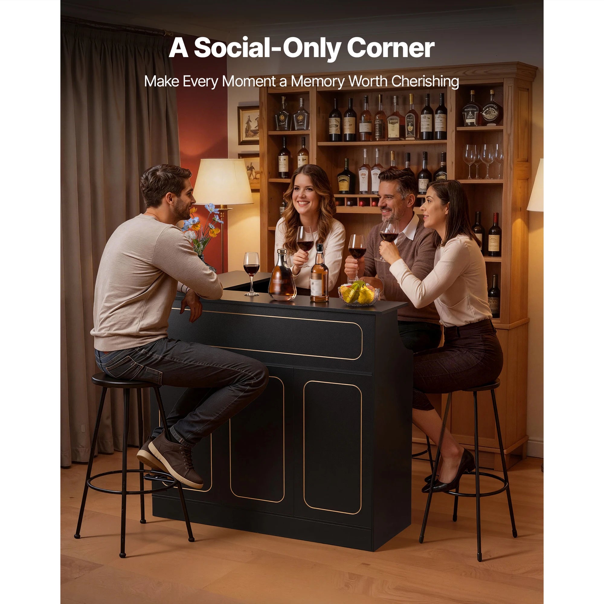 L-Shaped Wine Bar Cabinet with 4-Tier Storage Shelves