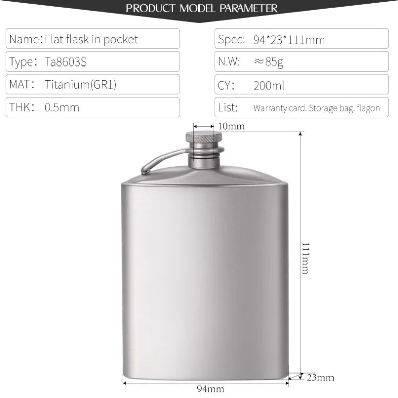 Portable Pure Titanium Hip Flask with Funnel, 200ml/260ml