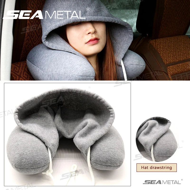 SEAMETAL Portable Neck Pillow for Long Travel U-Shape Neck Rest Pillow with Hood Privacy Protection Passenger Headrest Pillow