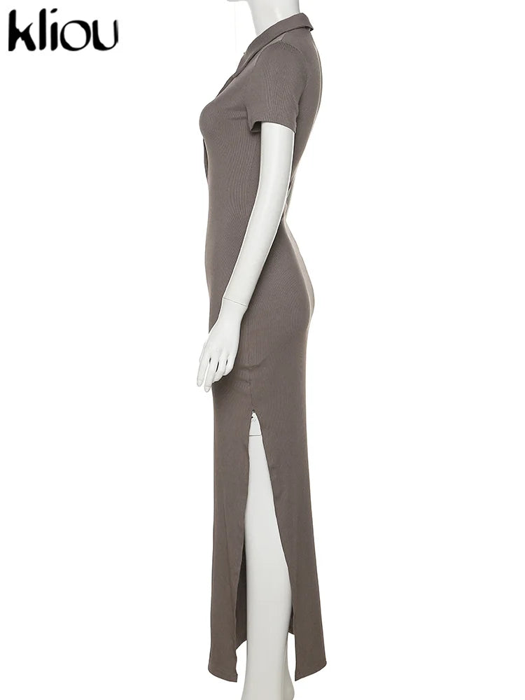 Kliou Elegant Office Lady Maxi Dress Women Solid Fashion Turn-down Collar Short Sleeve Button Side Slit Body-Shaping Street Robe 