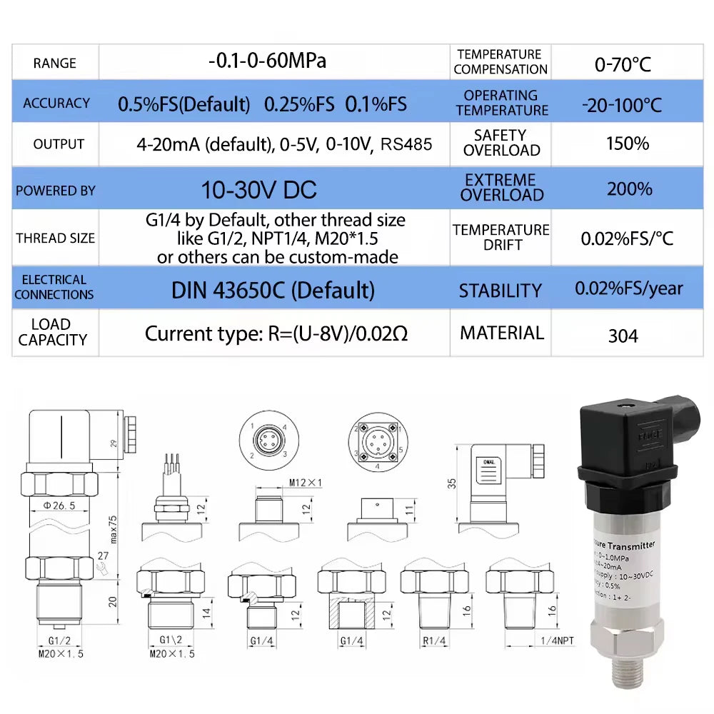 G1/4 Pressure Transmitter - Range and Output Options