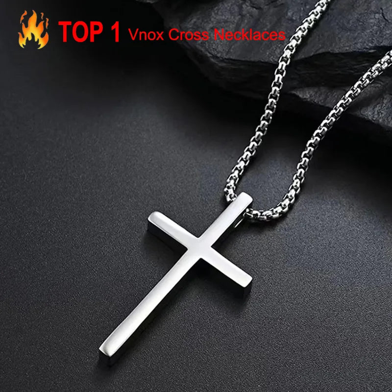 Vnox Cross Necklace for Men Women, Silver Color Plain Cross Pendant Collar with Stainless Steel Box Chain 