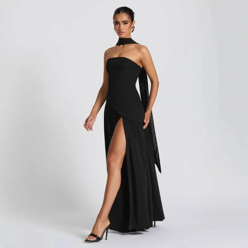 Elegant Strapless Floor-Length Women’s Slit Backless Evening Dress