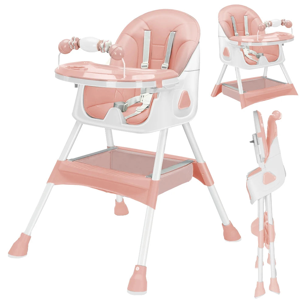 Foldable Baby High Chair with Tray and Toy Rack