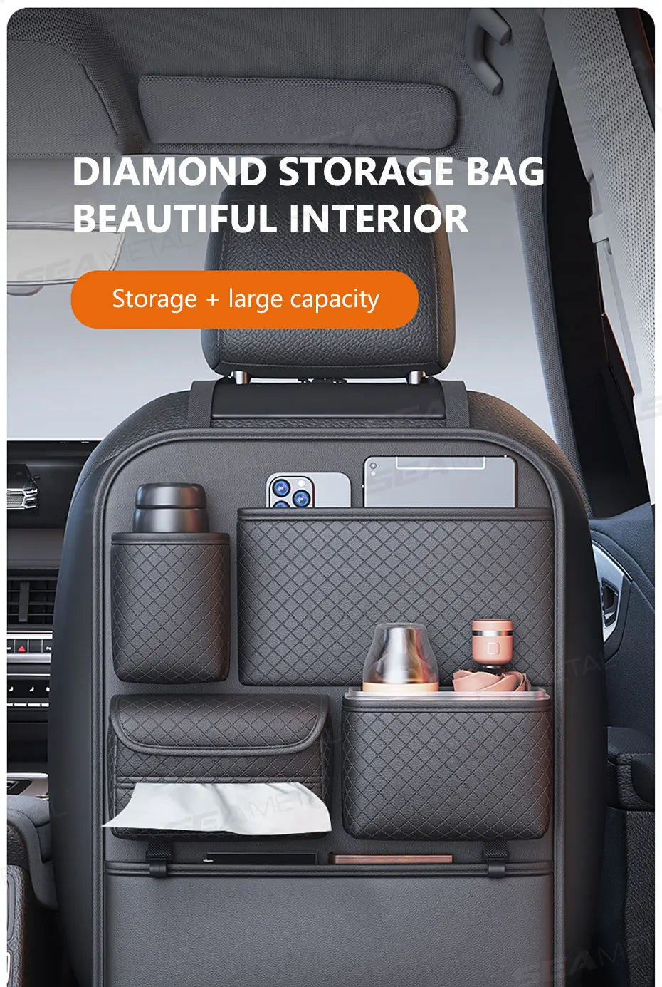SEAMETAL Luxury Car Seat Back Storage Bag Multifunction Backseat Organizer Storage Pocket Wear-Resistant Seat Anti Kick Guard