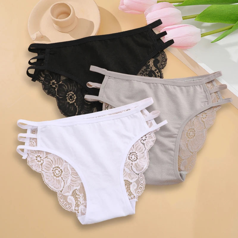 3PC/Set Women's Sexy Floral Lace Panties Low Rise Hollow Out Briefs Transparent Underwear Female Elastic Straps Soft Lingerie 