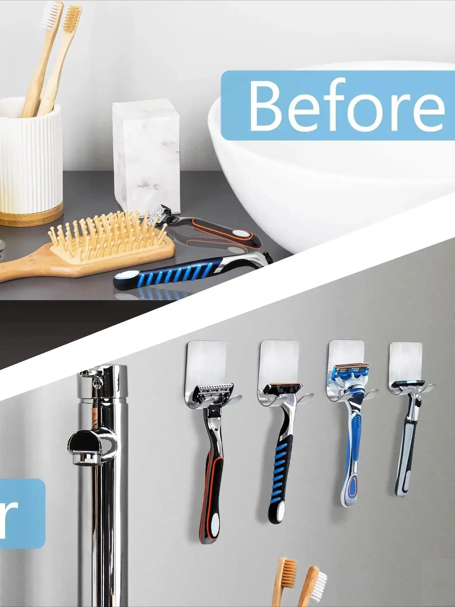 2pcs Razor Holder Stainless Steel Men Shaving Shaver Razor Stand Shelf Shaving Razor Storage Rack Bathroom Hook Organizer 