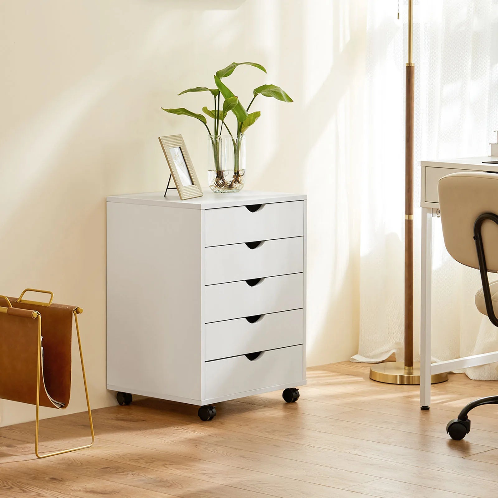 5 Drawer Rolling Nightstand Cabinet with Waterproof Top Surface