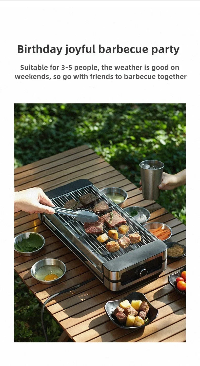 Stylish AMERZIS stainless steel electric grill for indoor and outdoor use, 110-130V American plug with temperature control and removable surface brush, ideal for cooking steaks and vegetables
