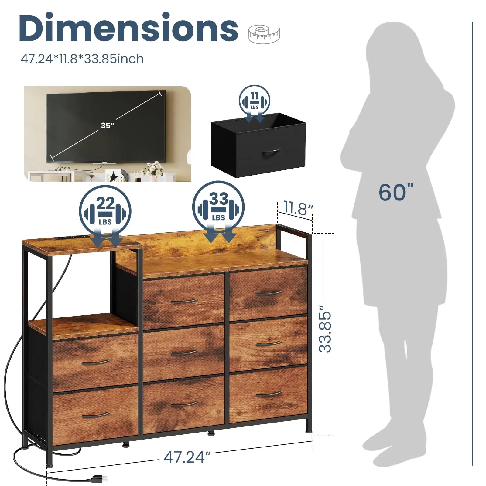 Modern TV Stand with 9 Fabric Drawers & Metal Frame Storage