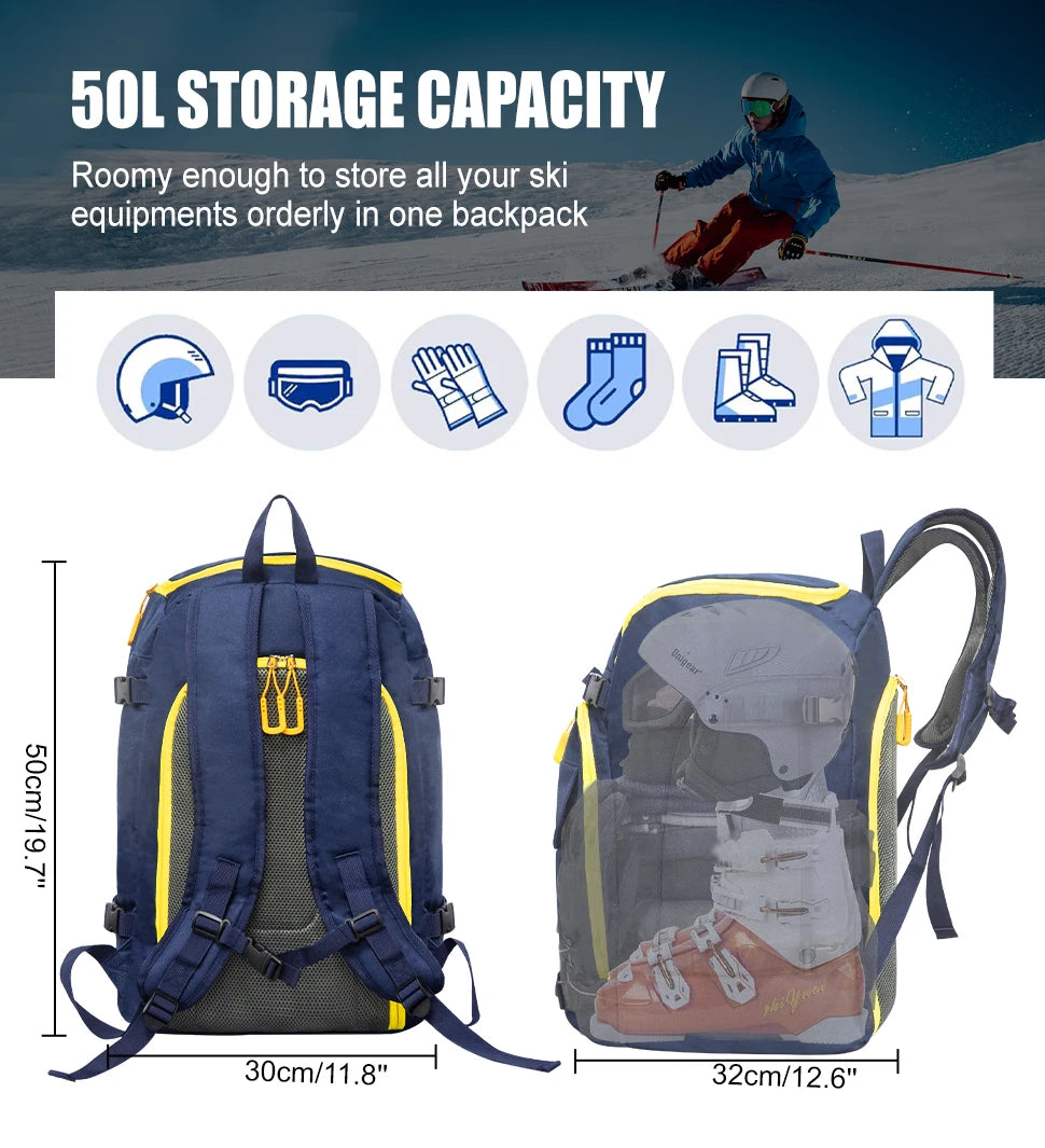 50L Ski Boot Bag Backpack for Boots, Helmet and Gear