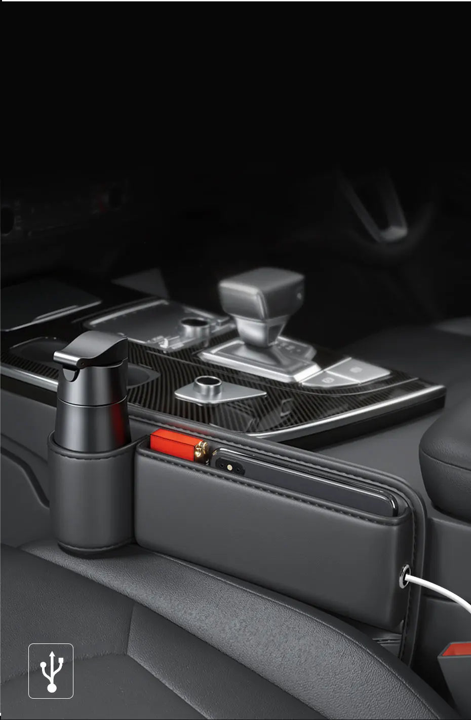 SEAMETAL Car Seat Gap Organizer with Cup Holder Wear-Resistant PU Leather Center Console Storage Bag Universal Seat Gap Filler