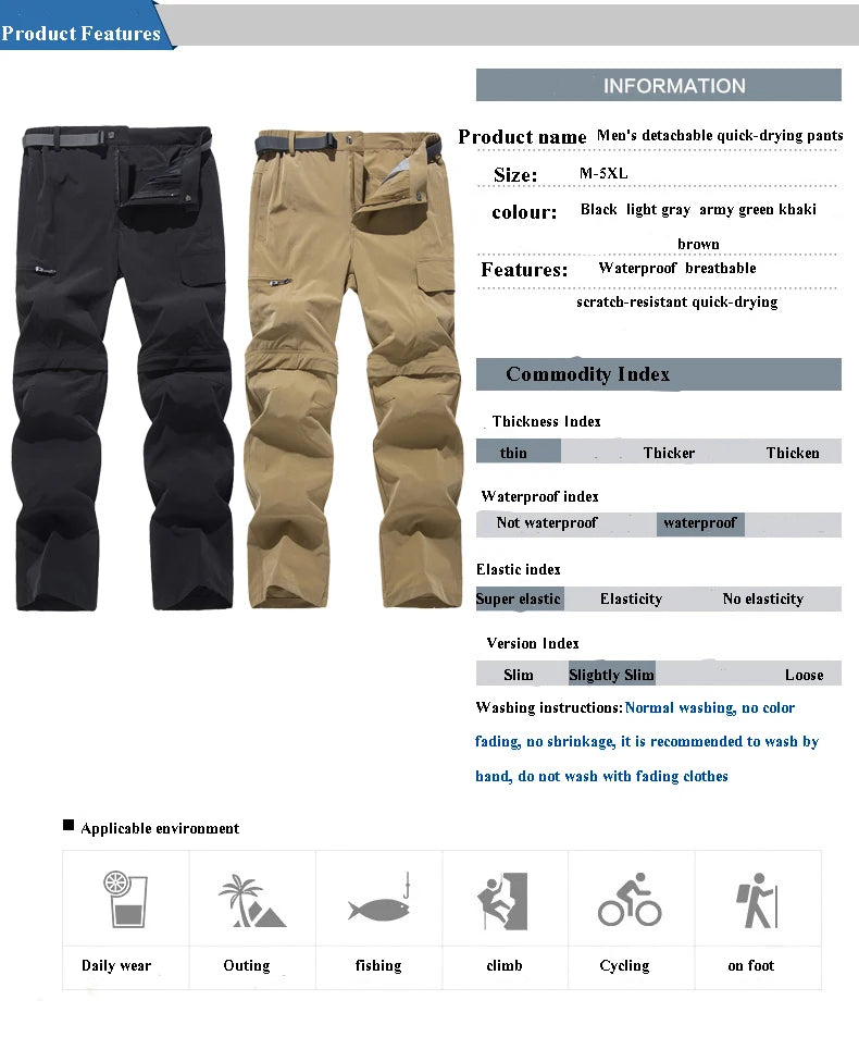 Pantalon de randonnée pour homme Fanuocetar amovible, sèche rapidement, camping, trekking, activités outdoor, pantalon stretch résistant aux rayures