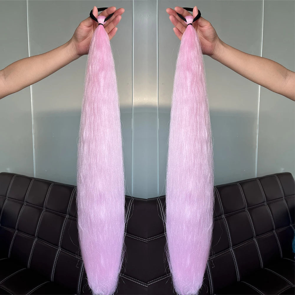 Synthetic Colorful Ponytail Extension 2Pcs Long Straight DIY Braided Pony Tail Hairpiece with Rubber Band Women Hair Accessories 