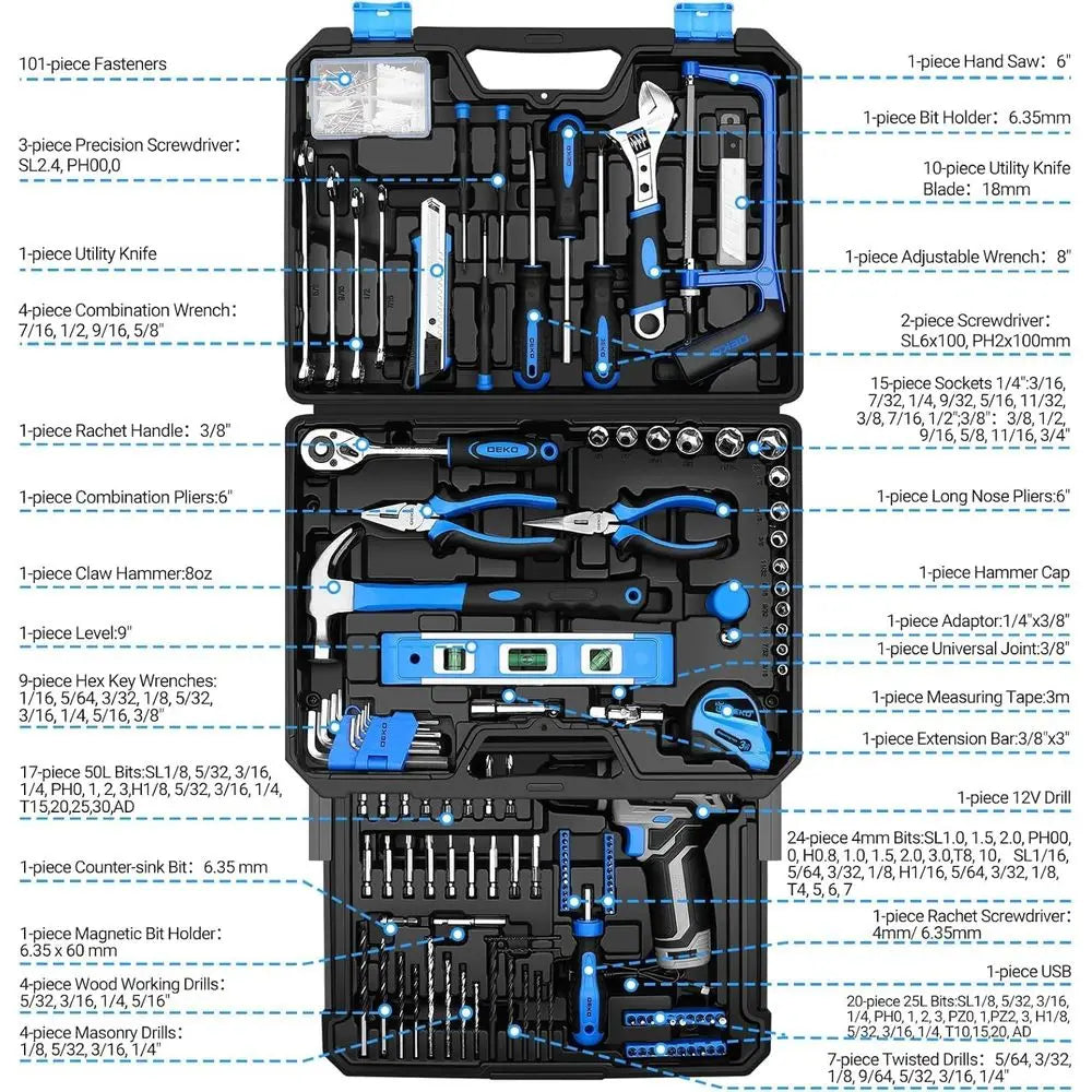 238-Piece 12V Cordless Drill Kit and Home Repair Tool Set