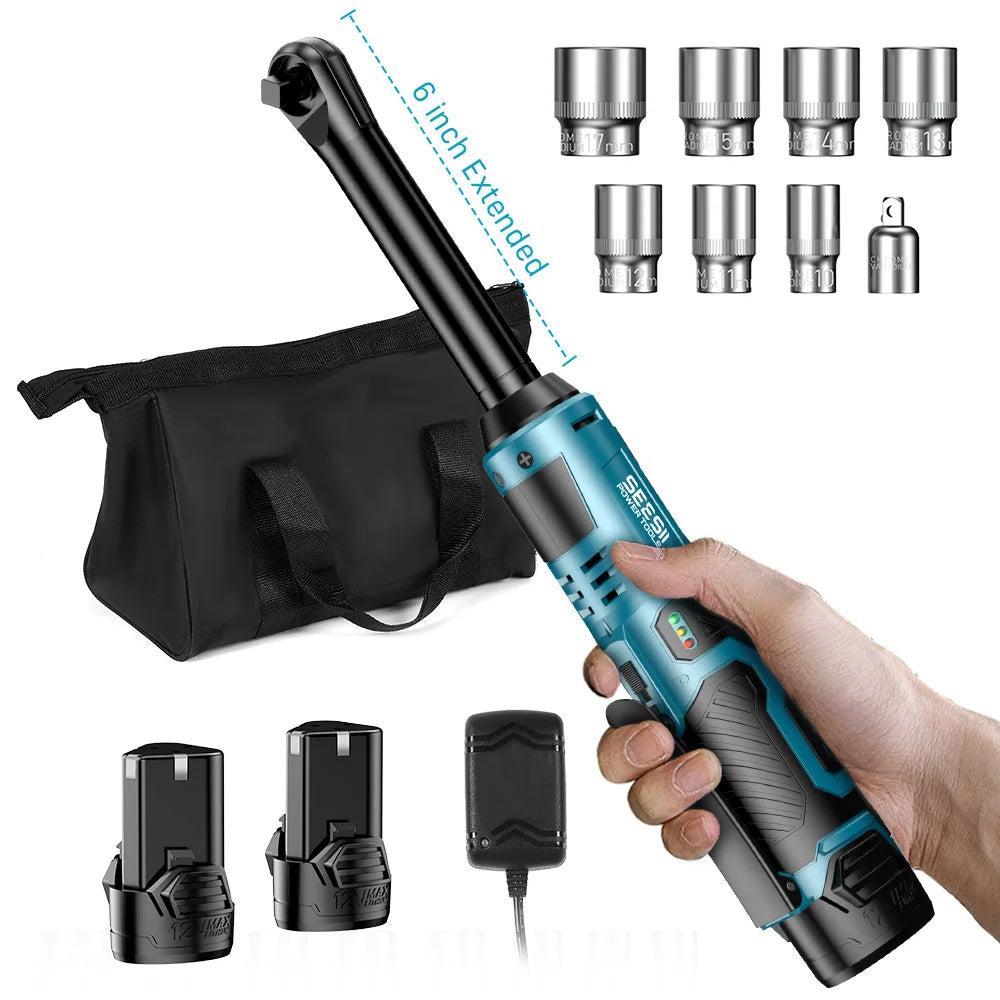 6" Cordless Electric Ratchet Wrench 3/8" 12V 55Nm w/ 2 Batteries