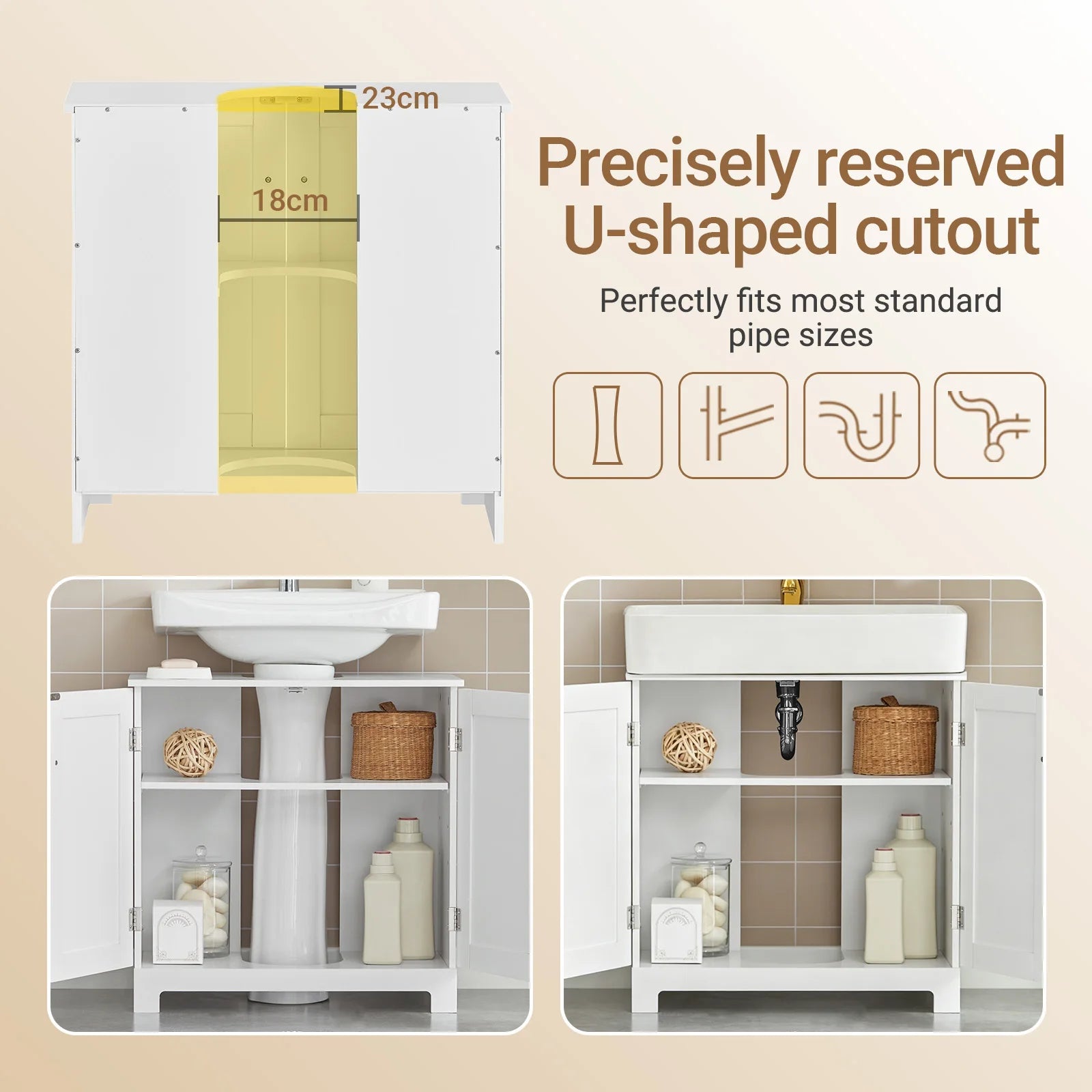 Under Sink Bathroom Cabinet with U-Shape Storage 60x60x30cm