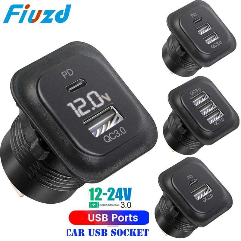 12v car usb charger fast charge Outlet Socket With Voltmeter Quick Charge Adapter for 12v 24v Truck Motorcycle RV Marine