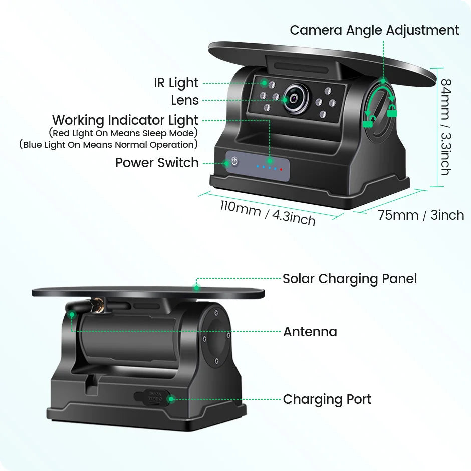 7'' Magnetic Solar Charging Wireless DVR Camera with 1080P Touch Monitor BSD Blind Spot Alarm, for Truck/RV/Trailer/Forklift 
