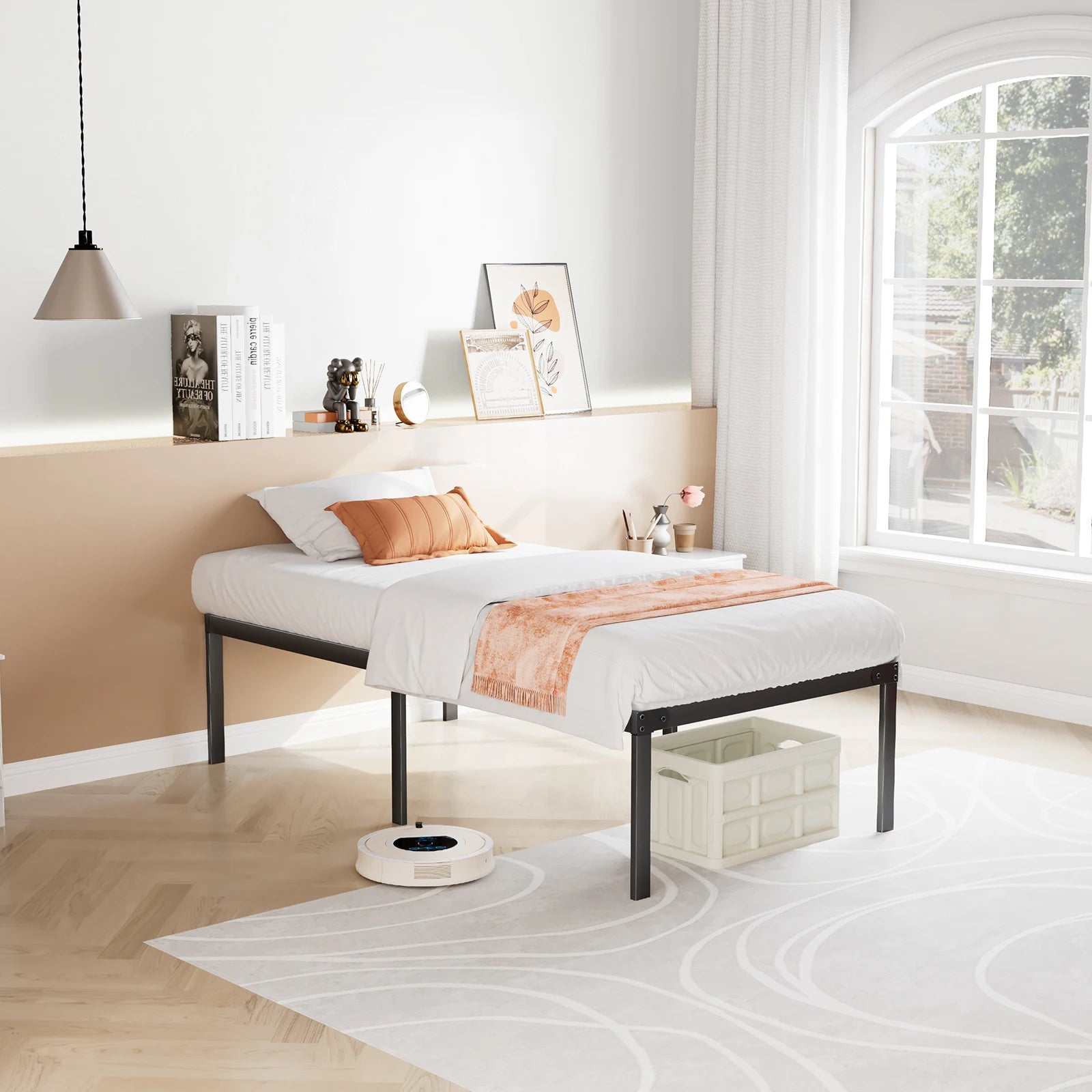 Metal Platform Bed Frame with Steel Slats and 14" Underbed Clearance