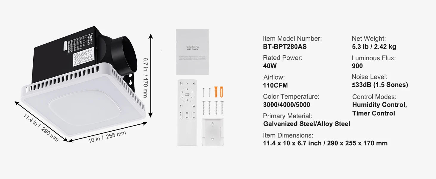 Bathroom Exhaust Fan with LED Light 80/110 CFM Quiet Heating