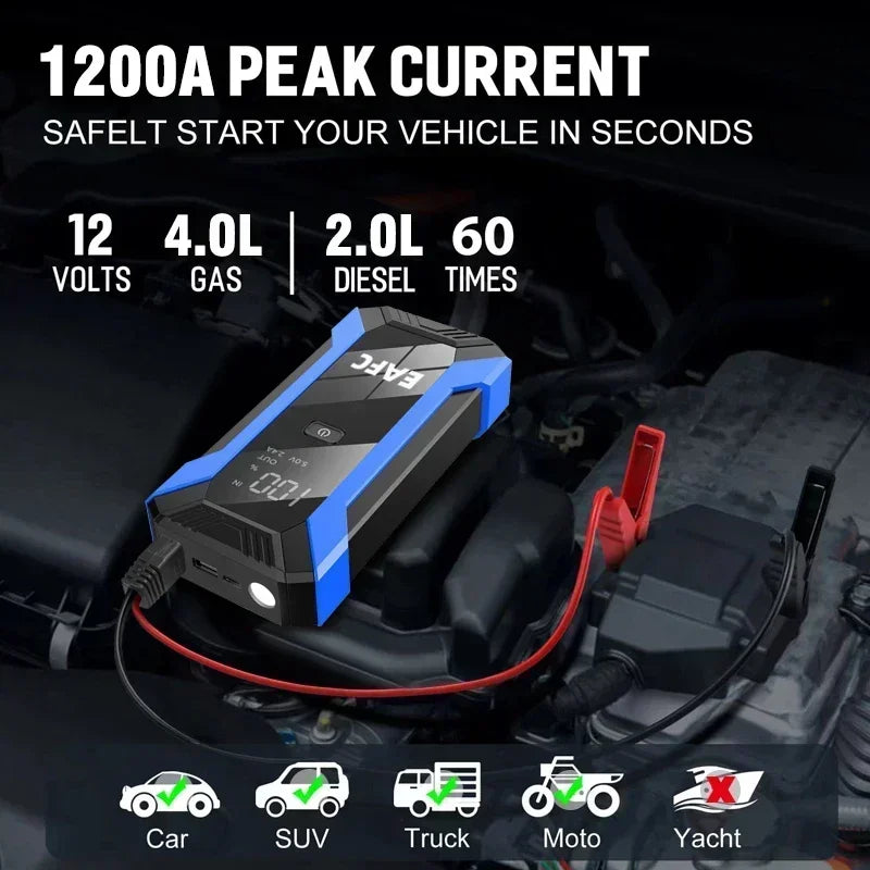 12V Car Jump Starter 1200A Booster with Power Bank and LED Light