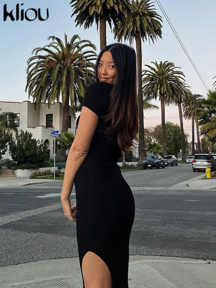 Kliou Elegant Office Lady Maxi Dress Women Solid Fashion Turn-down Collar Short Sleeve Button Side Slit Body-Shaping Street Robe 