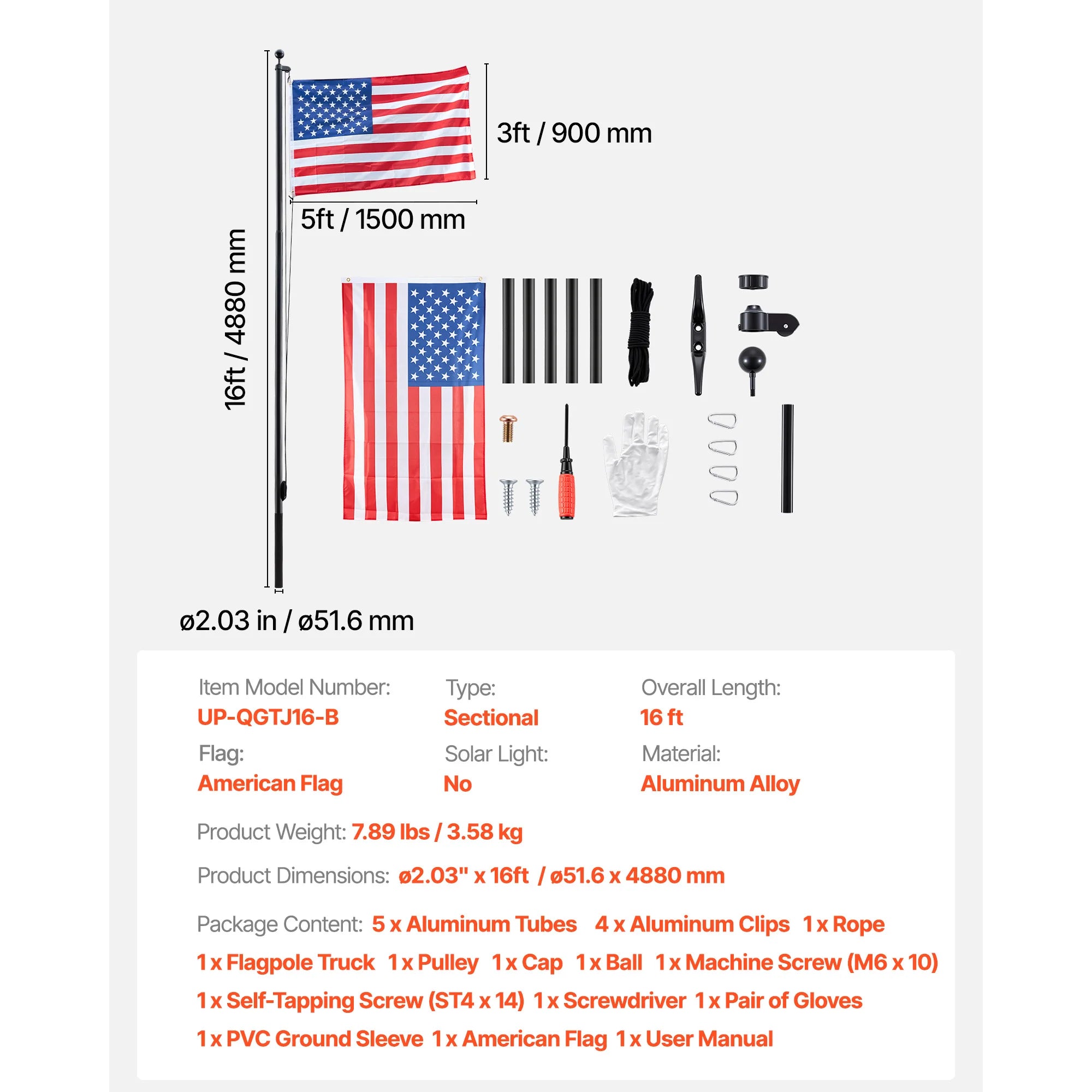 16/20/25/30ft In-Ground Aluminum Flag Pole Kit with Flag