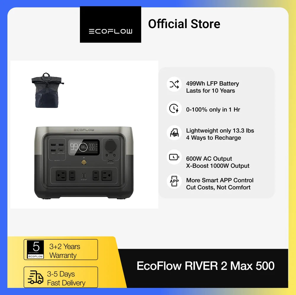 ECOFLOW Portable Power Station RIVER 2 Max 500 with Bag, 499Wh LiFePO4 Battery/ 1 Hour Fast Charging, Up To 1000W Output
