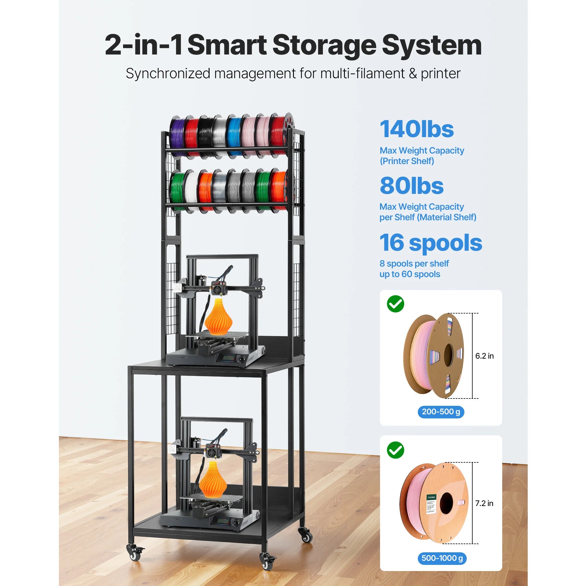 4-Tier 3D Printer Filament Storage Rack with Wheels & Stand