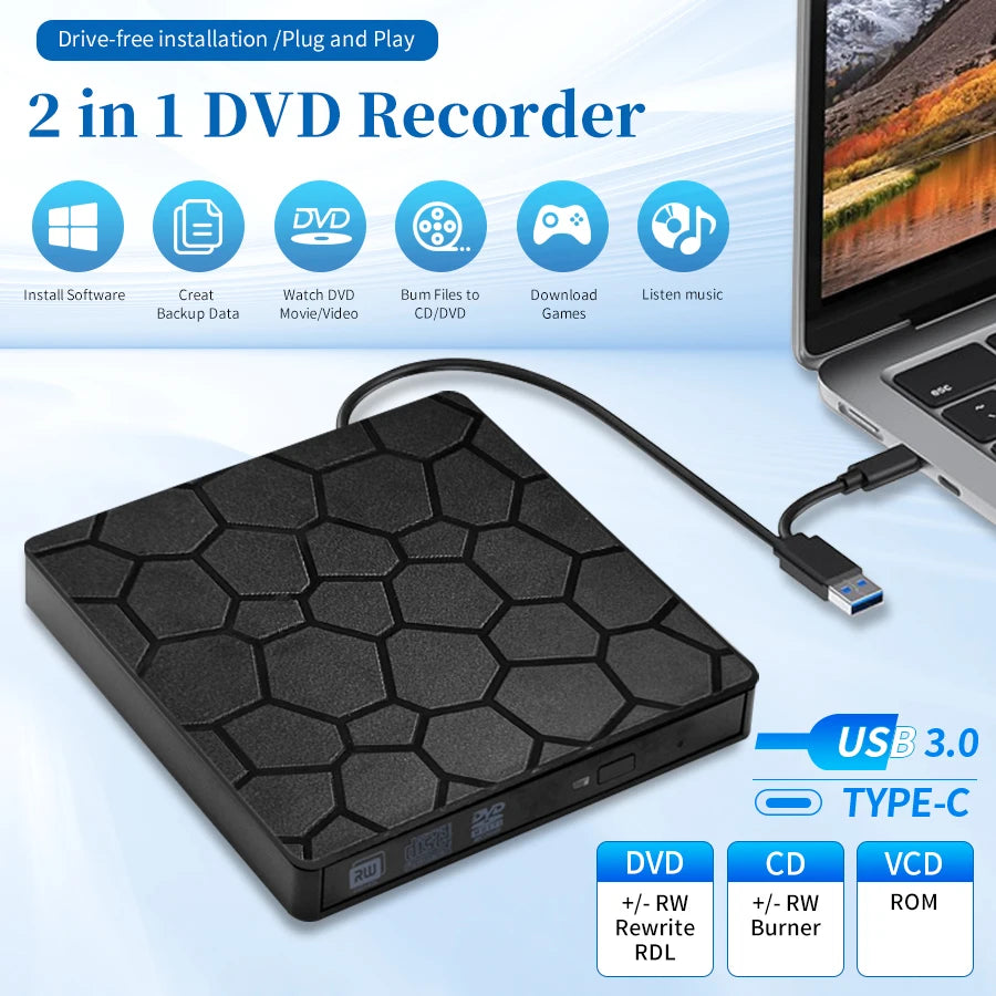 External DVD RW Drive USB 3.0 Type C 2 in 1 Interface Slim DVD CD Writer Burner Reader Player Optical Drive For Laptop PC 