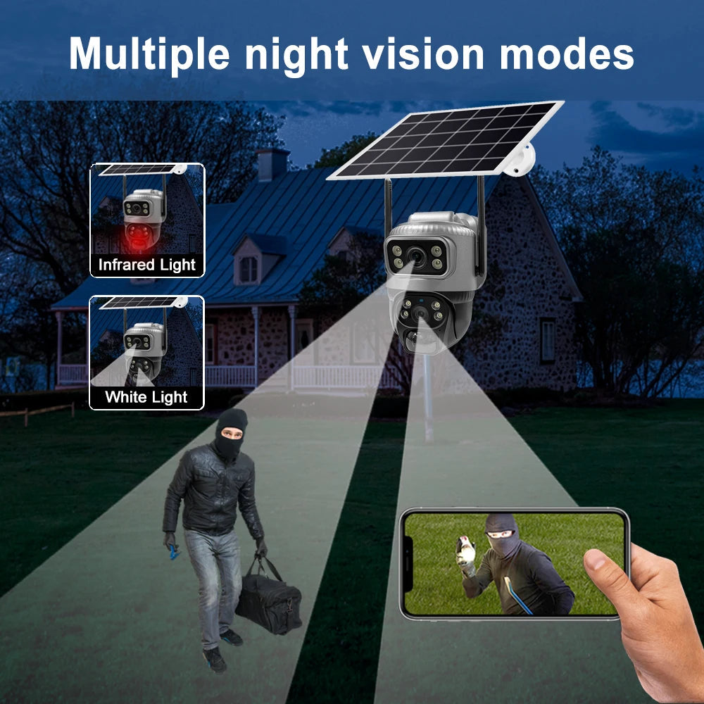 8MP 4K Solar Camera 4G Wifi Outdoor Dual Lens PIR Human Detection Night Vision Waterproof Security Solar Battery CCTV Monitor 