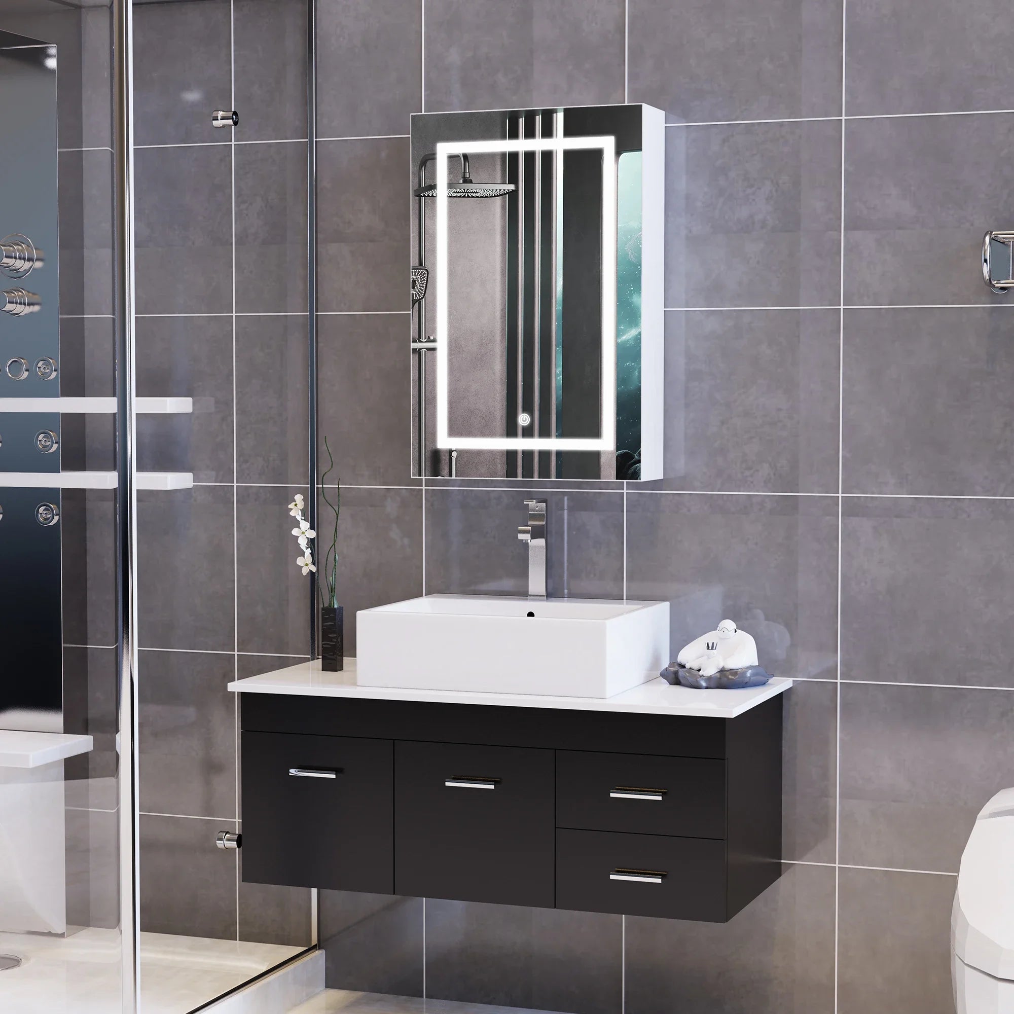 LED Bathroom Mirror Cabinet 80cm Wall Mounted with Storage Shelves
