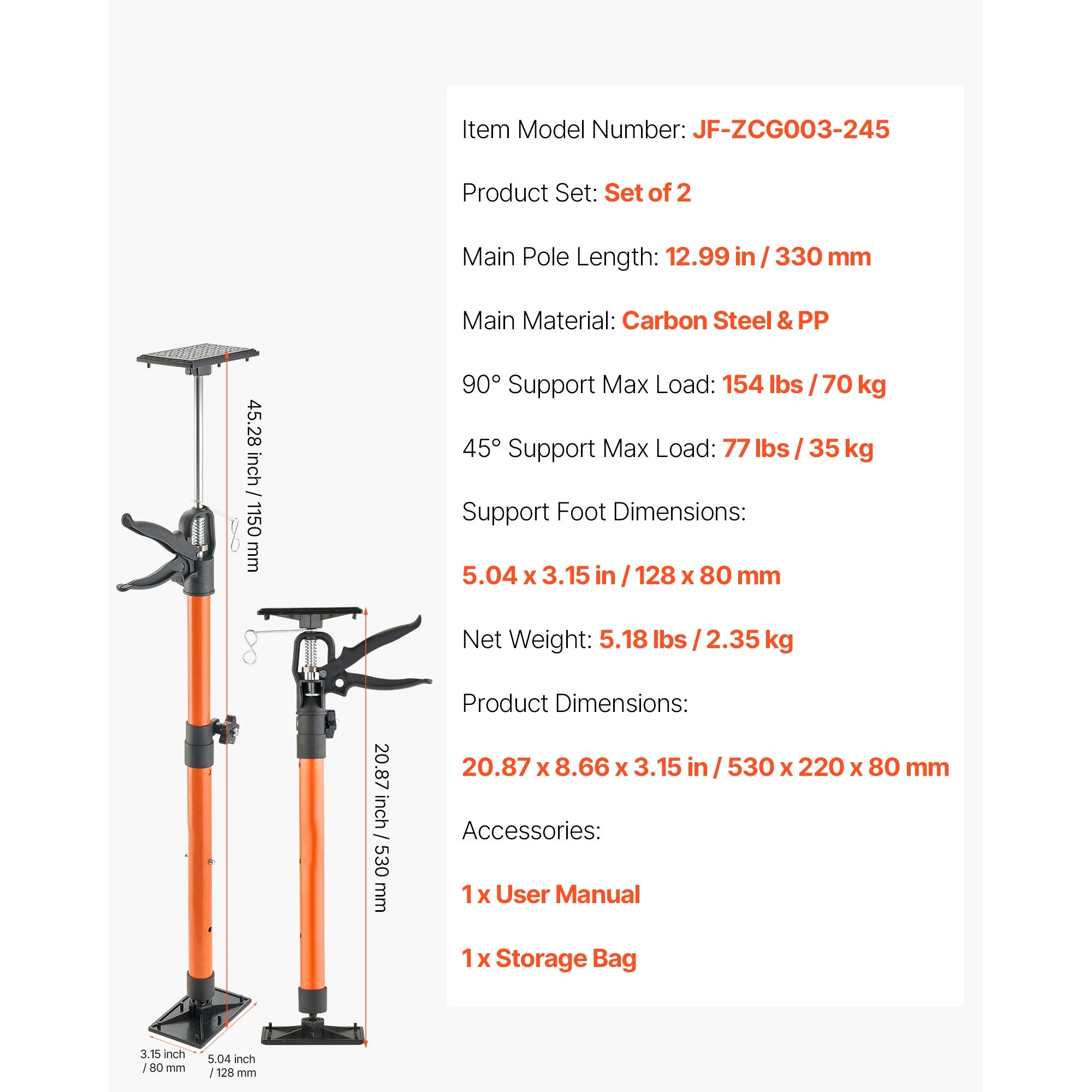 Adjustable Cabinet Jack Support Pole 19–114in Steel Lift Rod