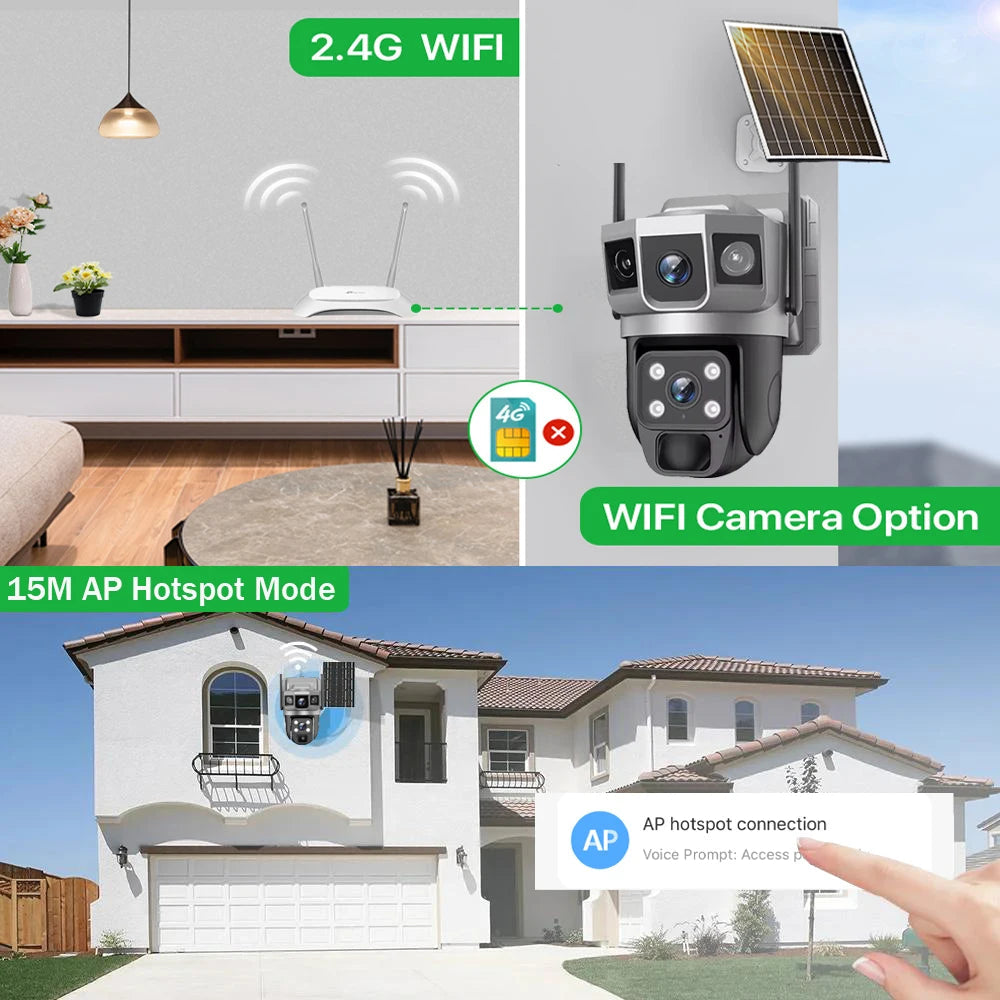 Dual Lens Three Screens WIFI Solar Camera 12MP 10X Zoom CCTV Outdoor Automatic Tracking Humanoid Detection Support PTZ IP66 Cam 