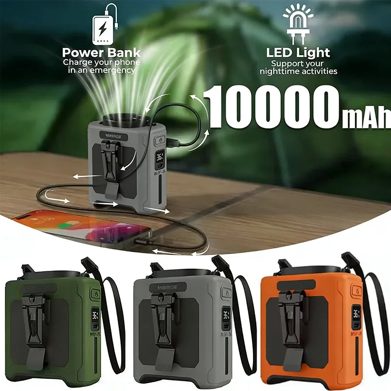10000mAh Neck-Worn Fan with LED Light and Power Bank