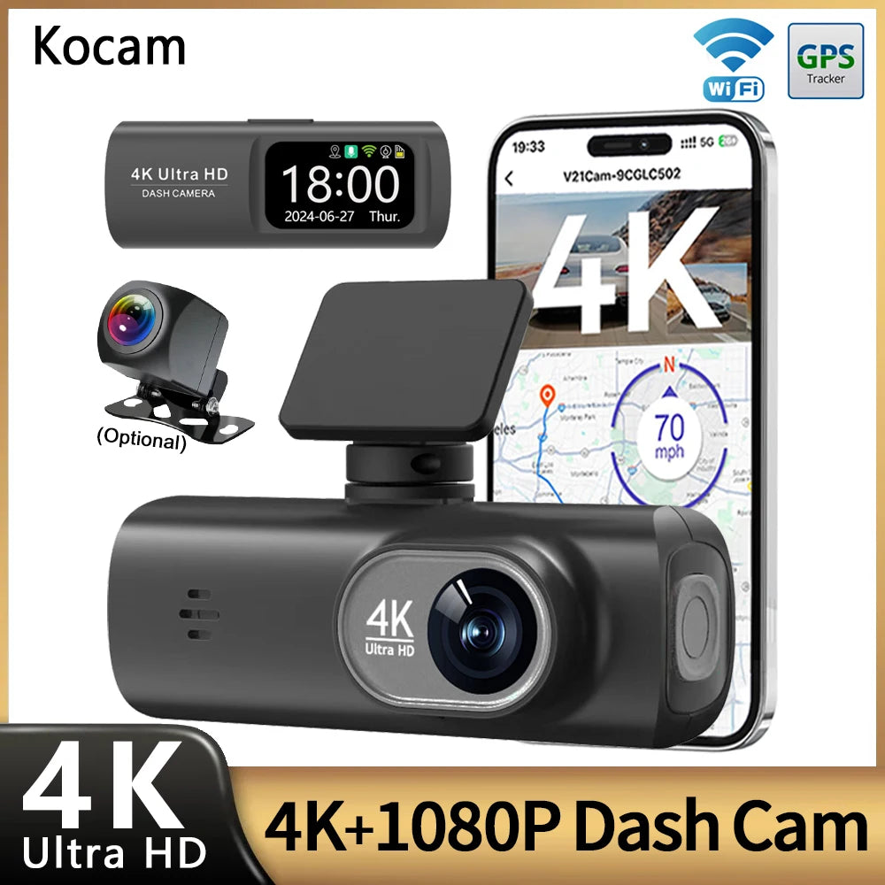 UHD 4K WiFi Dash Cam Dual Lens Driving Recorder Car DVR Optional 1080P Rear Lens Camera GPS 24H Parking Monitoring Black Box 