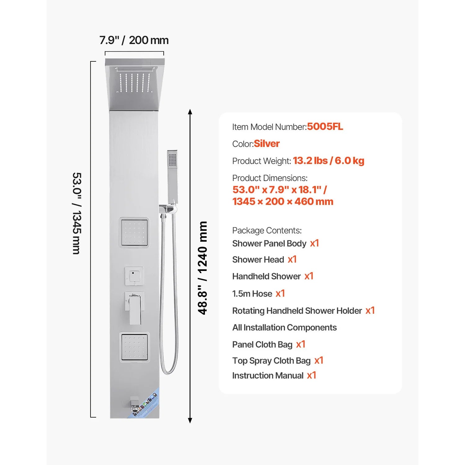 5 Function LED Shower Panel Tower with Waterfall Head Stainless Steel