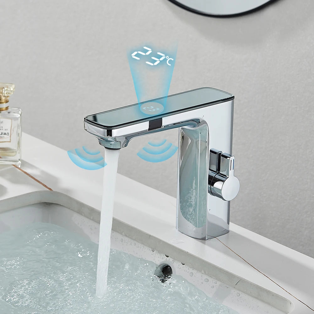 White Smart Sensor Basin Faucet Screen Digital Display Hot Cold Water Mixer Tap Touchless Vanity Sink Faucet For Bathroom 