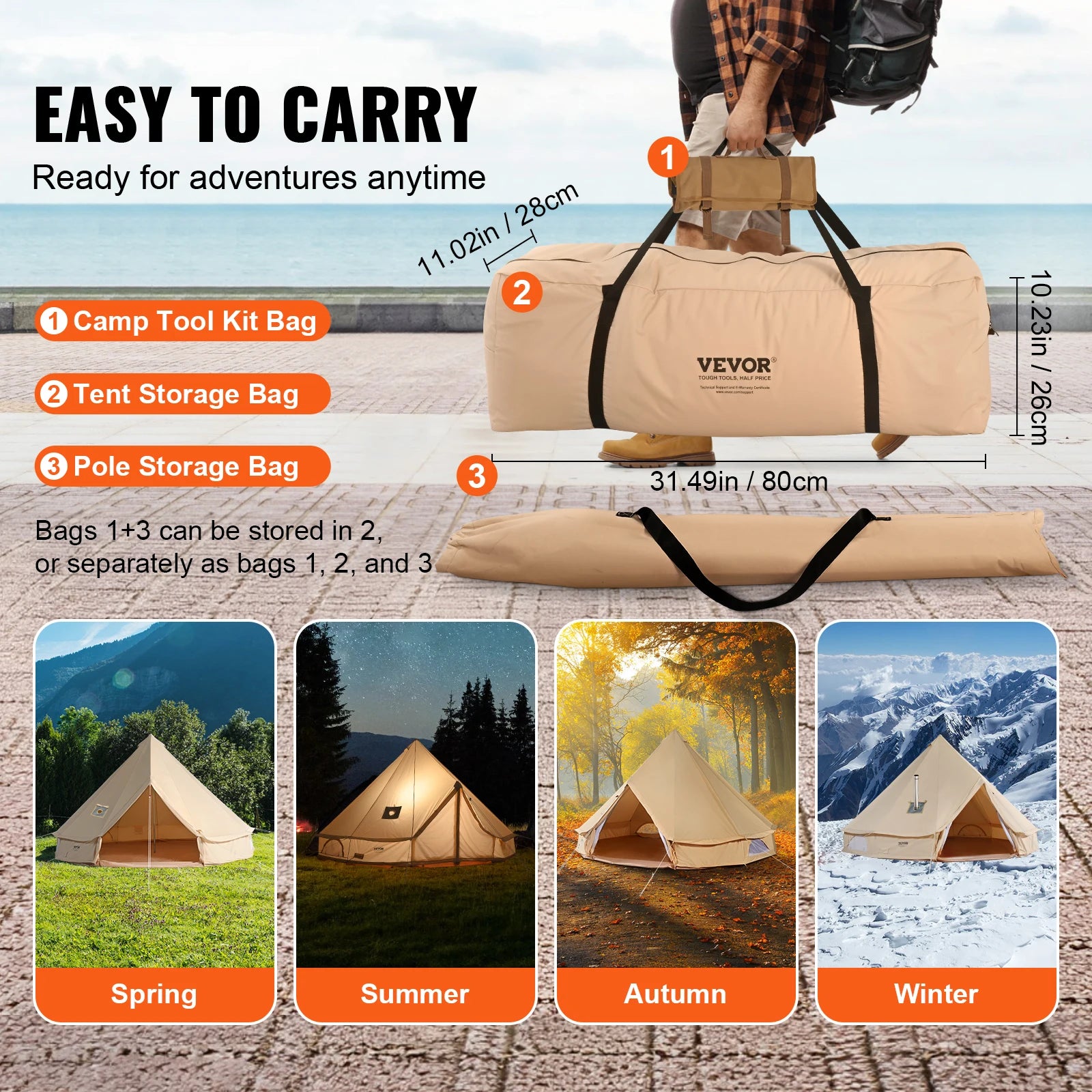 3m Canvas Bell Tent with Stove Jack, Breathable 4-Person