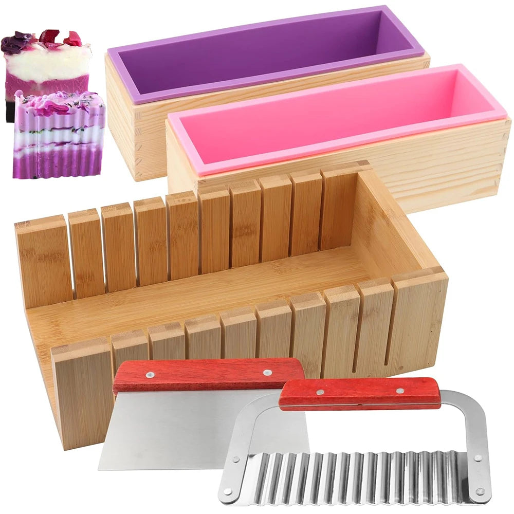 Kit de Fabrico de Sabão Artesanal DIY Corte de Bamboo e Caixa Interior com Molde de Silicone Fio de Aço Inoxidável Cortador Reto e Cortador Ondulado